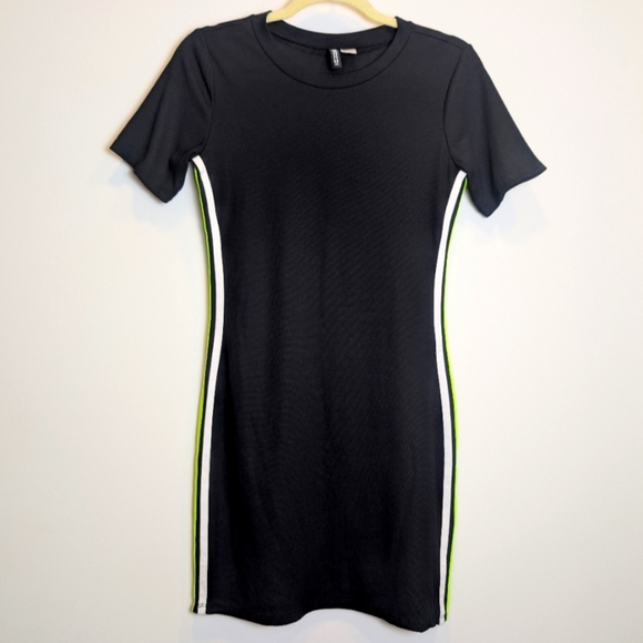 Divided Black Neon Stripe Fitted Short Sleeve Jersey Dress Size 10 - Picture 1 of 6